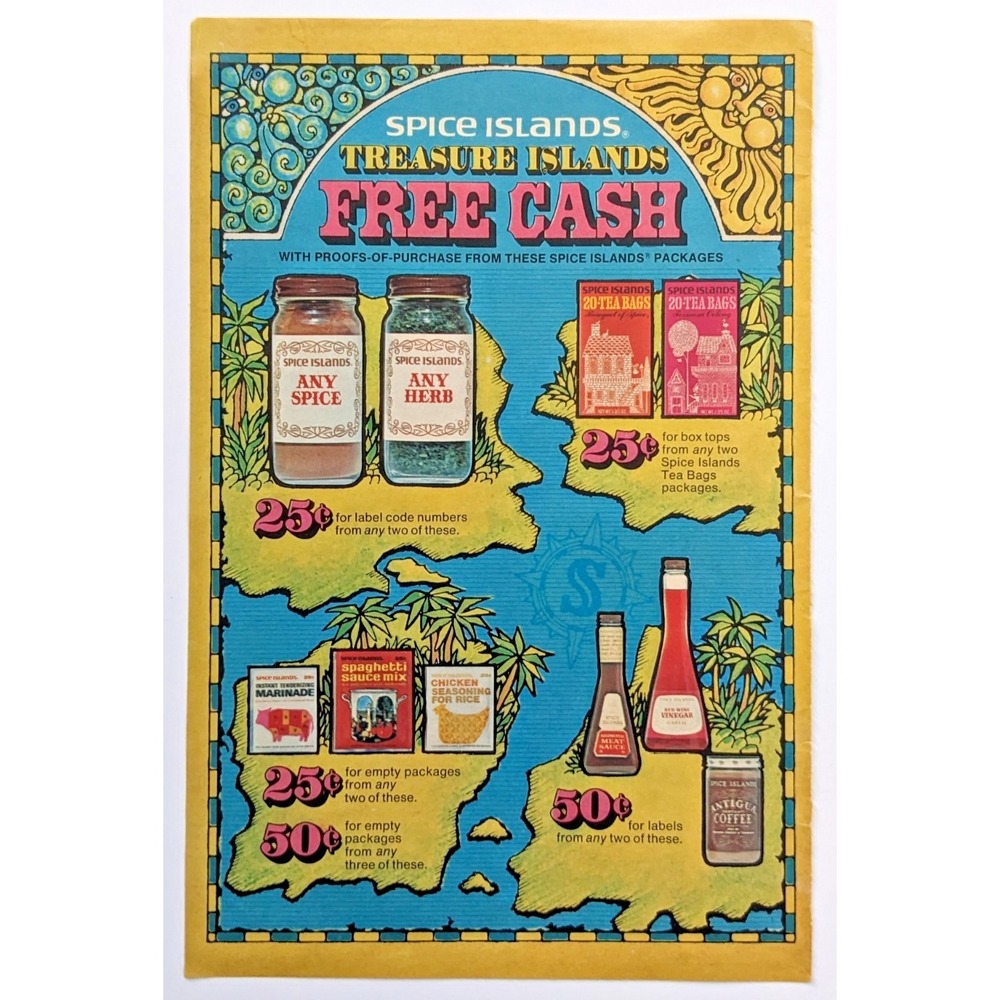 Spice Islands Vintage 1968 Print Ad Treasure Islands Free Cash Promotion Grocery